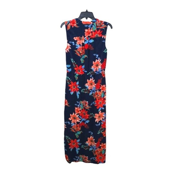 Talbots Women's Floral Tropical Blue Coral Long Dress 10 Drawstring V Neck - Picture 6 of 6